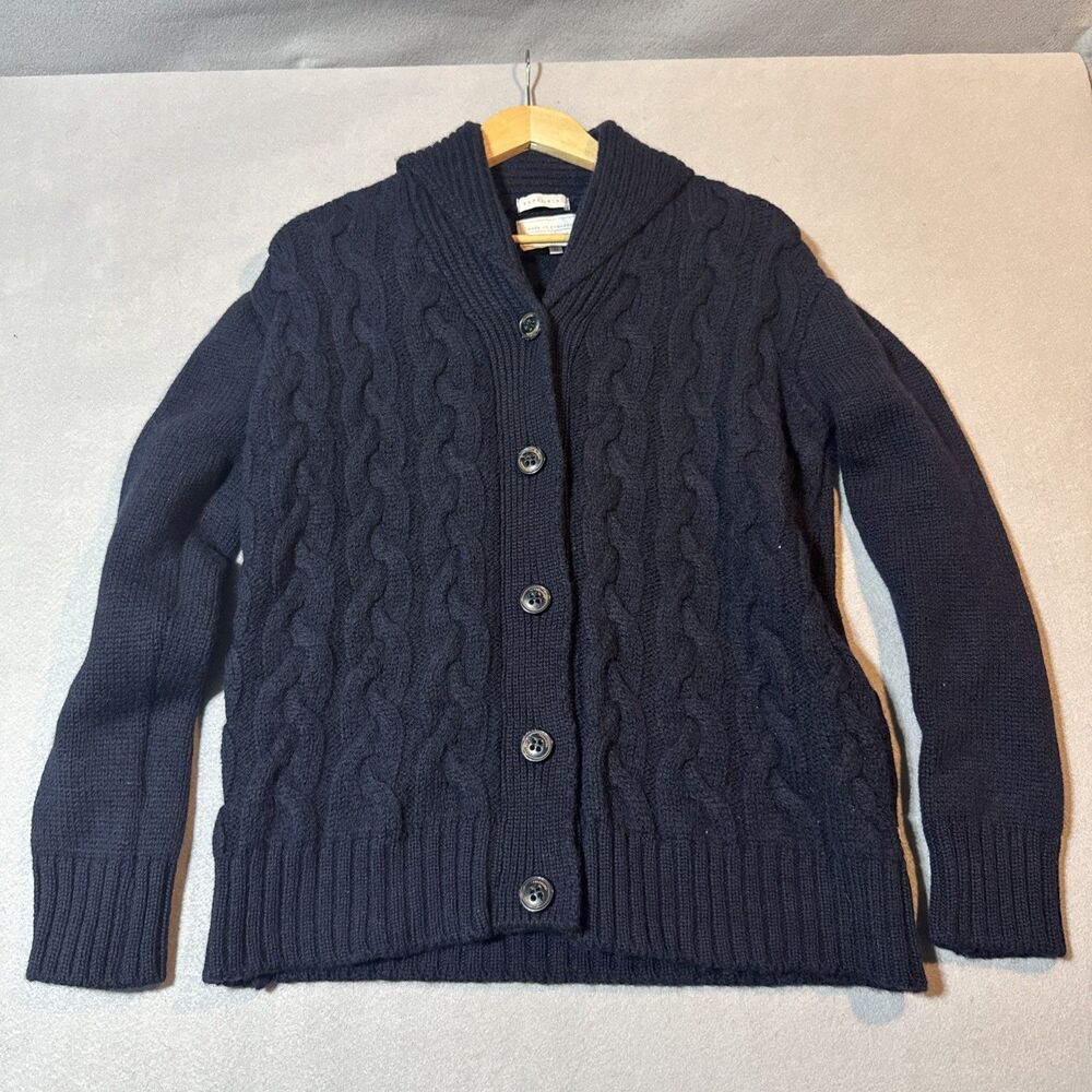 Peregrine Fisherman Aran Wool Waffle Knit Shawl Cardigan Made In Britain M Navy